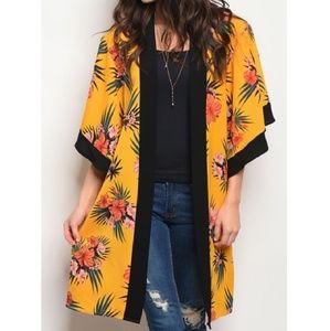 Yellow Floral Flutter Sleeve Kimono,Tropical Print